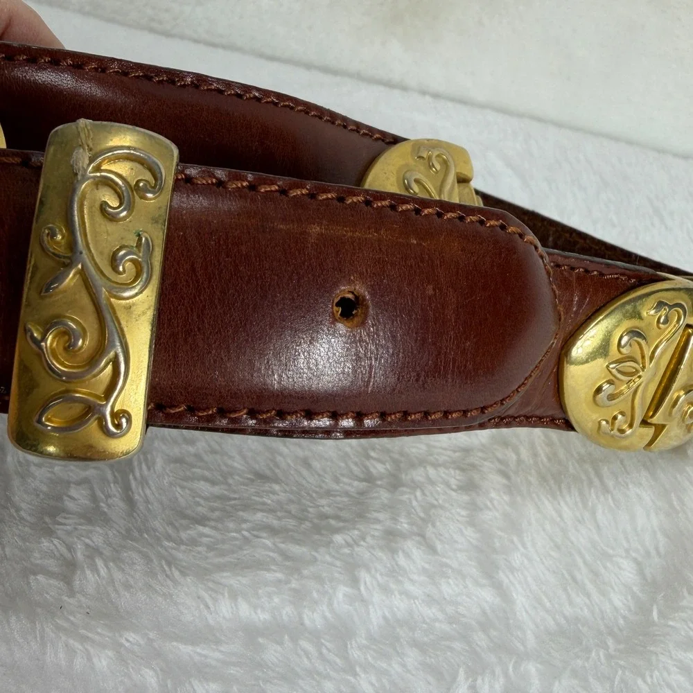 VTG Fossil Womens‎ S Brown Leather Western Concho Belt Gold Tone Filigree Buckle